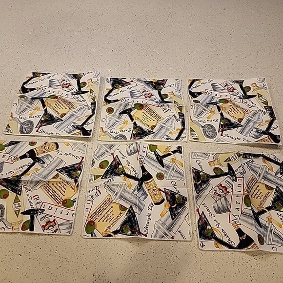 Bar Martini Cloth Napkins Set Of 6 9x9" Gin Vodka Shaken Not Stirred Olive - Picture 1 of 3